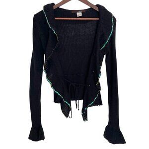 Vtg Y2K Tie Front Cardigan Sweater S Black Ruffle Beaded Trim Fairy Whimsy Goth